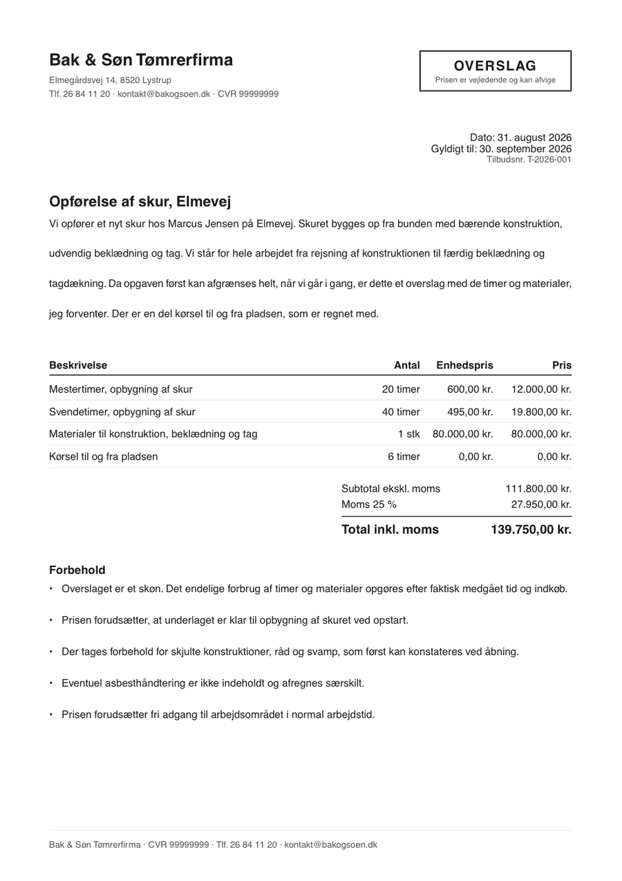 Det færdige tilbud som PDF med specificerede linjer, subtotal, moms, total, forbehold og betingelser.